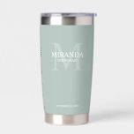 Botella Aislada Monograma y nombre de la dama de honor personaliza<br><div class="desc">Añada un toque personal a su boda con el monograma y el regalo de nombre de la dama de honor. Este diseño presenta el nombre personalizado de la dama de honor con título y fecha boda en blanco y monograma en verde sabio como fondo, en estilo clásico serif, sobre fondo...</div>