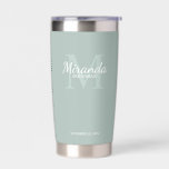 Botella Aislada Monograma y nombre de la dama de honor personaliza<br><div class="desc">Los regalos personalizados de Bridesmaids presentan el nombre personalizado de la dama de honor en el estilo de tipo de letra blanco clásico y monograma en el estilo de tipo de letra sage green classic serif como fondo con título y fecha boda en el estilo de tipo de letra serif...</div>