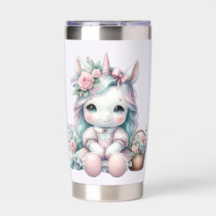Botella Aislada Muñeca de Unicornio Kawaii con Cesta de Flores