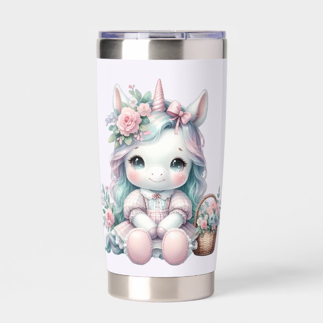 Botella Aislada Muñeca de Unicornio Kawaii con Cesta de Flores (Frente)