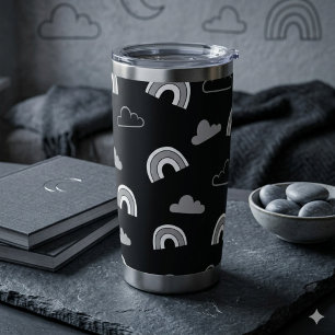 Botella Aislada Nubes grises y arcoíris en tumbler térmico negro
