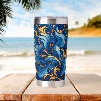 Botella Aislada Olas Reales de Capricho Remolinos de Azul y Dorado