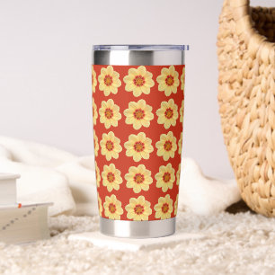Botella Aislada Patrón floral Dahlia amarillo en rojo