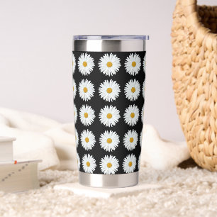 Botella Aislada Patrón floral de margarita blanca sobre negro