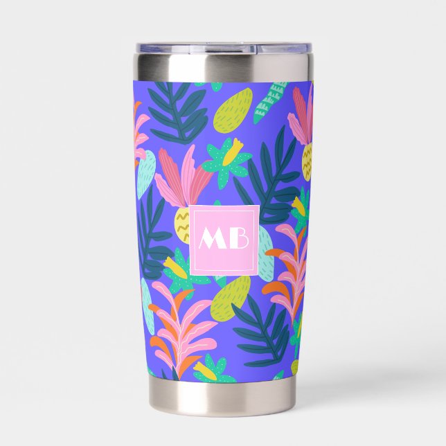 Botella Aislada Personalizado monograma azul floral lindo Tumbler  (Frente)