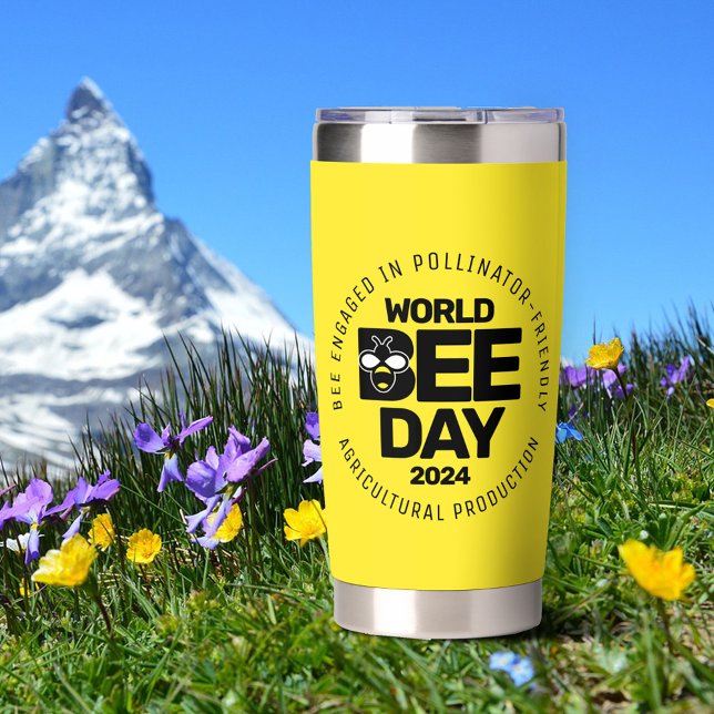 Botella Aislada Polinizador negro amarillo del Día Mundial de la A (World Bee Day Yellow Black Pollinator Insulated Tumbler Cover Photo.)