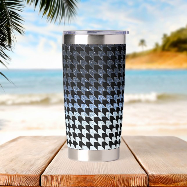 Botella Aislada Purpurina azul y patrón negro de gallo (Playa)