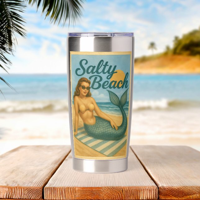 Botella Aislada Salty Beach Pin-Up Mermaid -Retro Coastal Life Art (Playa (girada))