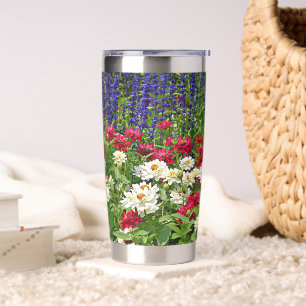 Botella Aislada Salvia azul y floral zinnias