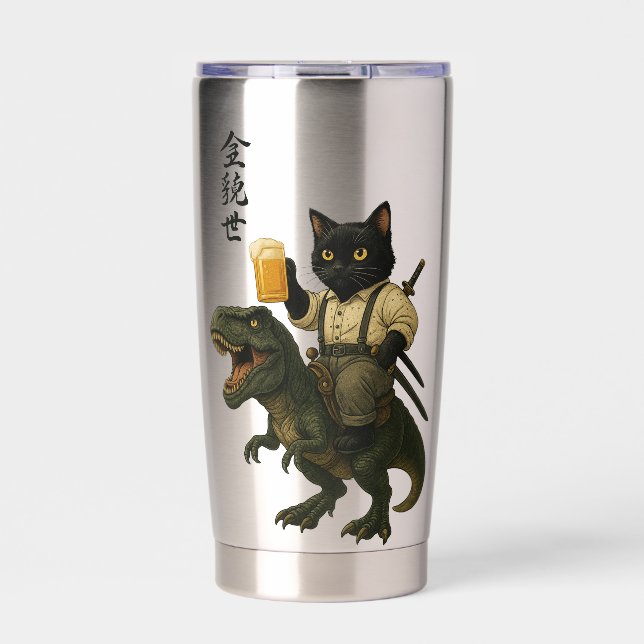Botella Aislada Samurai Cat with Beer & T-Rex | Retro Japanese Art (Frente)