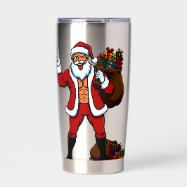 Botella Aislada ¡Santa con músculos y signo de paz! Abdominales ma