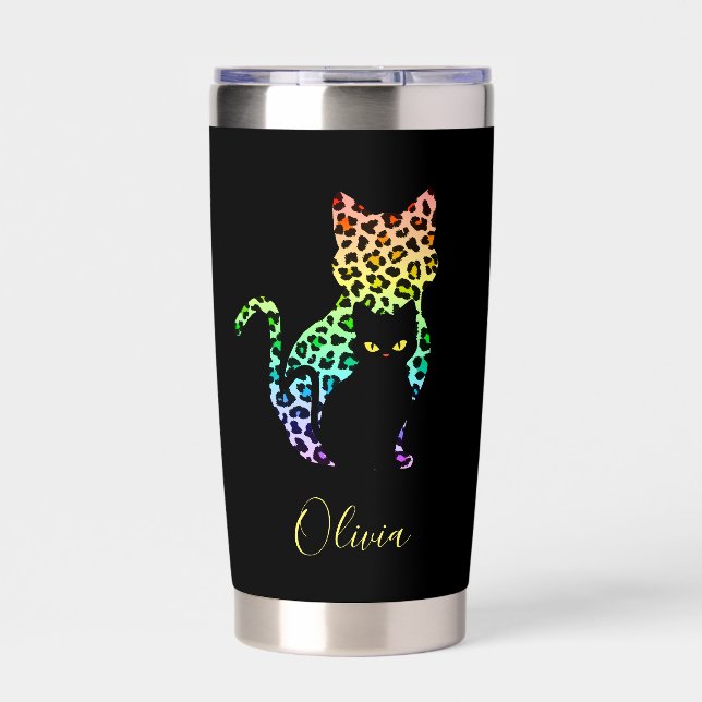 Botella Aislada Silueta de gato con estampado de leopardo arcoíris (Frente)