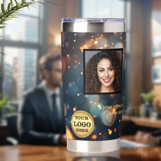 Botella Aislada Sparkles Personalizado Logo Photo Business (Office thermal tumbler featuring your custom logo, photo and texts on a festive sparkling design)