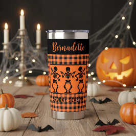 Botella Aislada Spooky Season Skeleton Trio Orange & Black Plaid