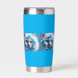 Botella Aislada Taza azul regular con hermoso gato blanco 