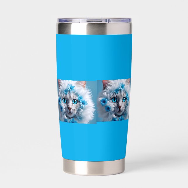 Botella Aislada Taza azul regular con hermoso gato blanco  (Frente)