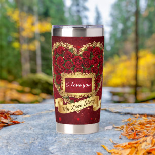 Botella Aislada Taza de la historia de amor con rosas rojas y bril