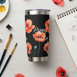 Botella Aislada Taza térmica de vino floral con nombre de amapolas