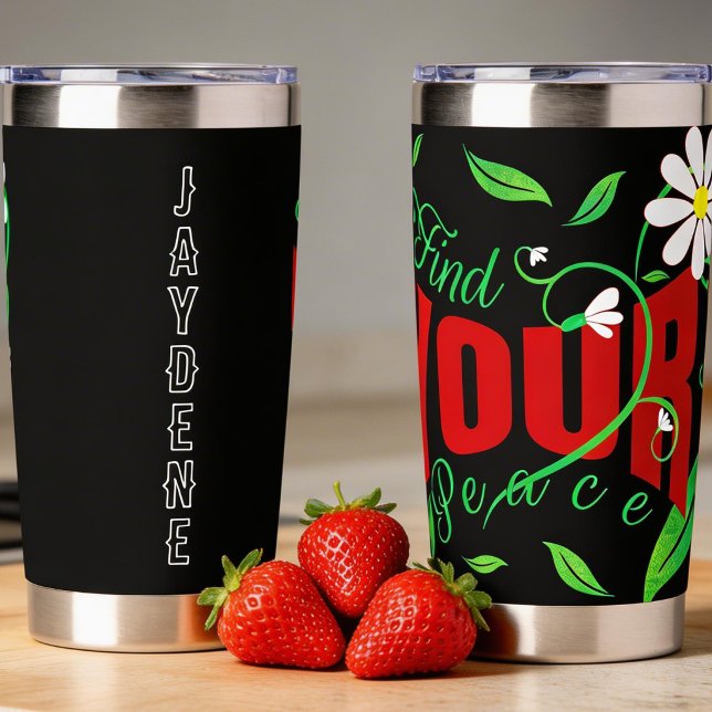 Botella Aislada Texto de guión con enredaderas y flores (Affirmation thermal mug with daisies and custom name area. Cute and different.)
