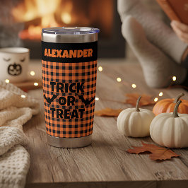 Botella Aislada Trick or Treat de Halloween en Plaid Naranja y Neg