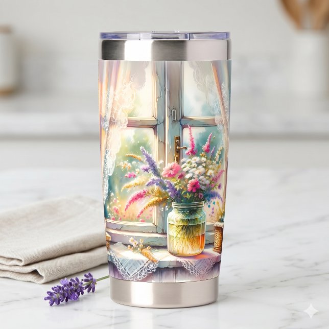 Botella Aislada Ventana de cabaña soleada flores silvestres (Sunlit Cottage Window Wildflowers Insulated Tumbler)