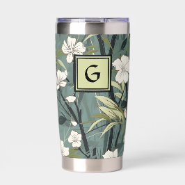 Botella Aislada Verde Salvia Chinoiserie Floral Inicial Blanco