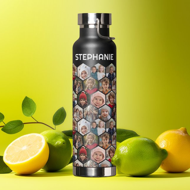 Botella De Agua 12 Collage de fotos - hexágono funky - Patrón alea (Personalized water bottle with a photo pattern and custom name)