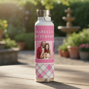 Botella De Agua 3 Foto Plaid Rosa Elegante Moderno Nombre Personal
