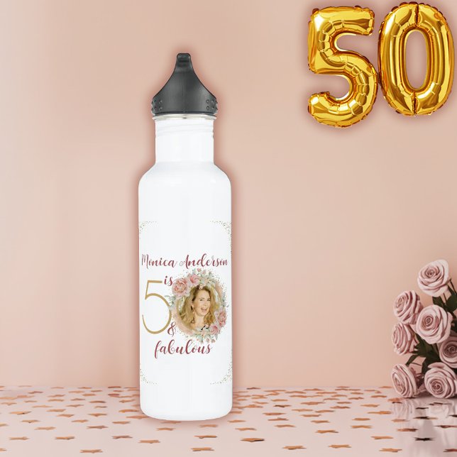 Botella De Agua 50 and Fabulous Pink Floral Gold Photo Birthday (50 and Fabulous Pink Floral Gold Photo Birthday Stainless Steel Water Bottle)