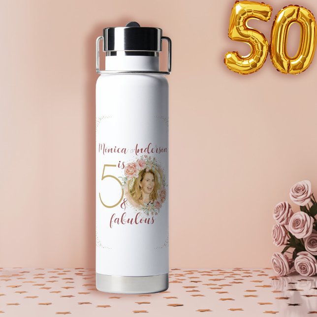 Botella De Agua 50 and Fabulous Pink Floral Gold Photo Birthday (50 and Fabulous Pink Floral Gold Photo Birthday Water Bottle)
