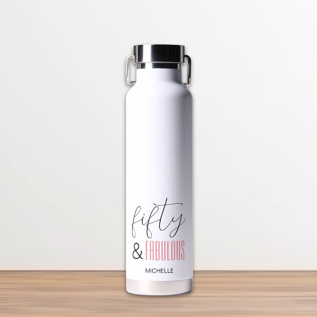 Botella De Agua 50 y fabuloso 50 cumpleaños Personalizado de escri (50 and Fabulous 50th Birthday Modern Script Custom Water Bottle)