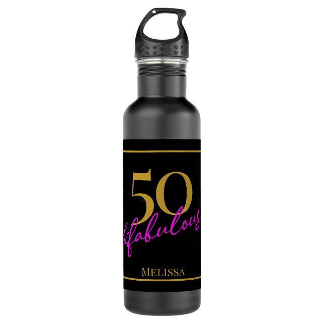 Botella De Agua 50 y fabuloso Personalizable rosado de oro negro (Anverso)