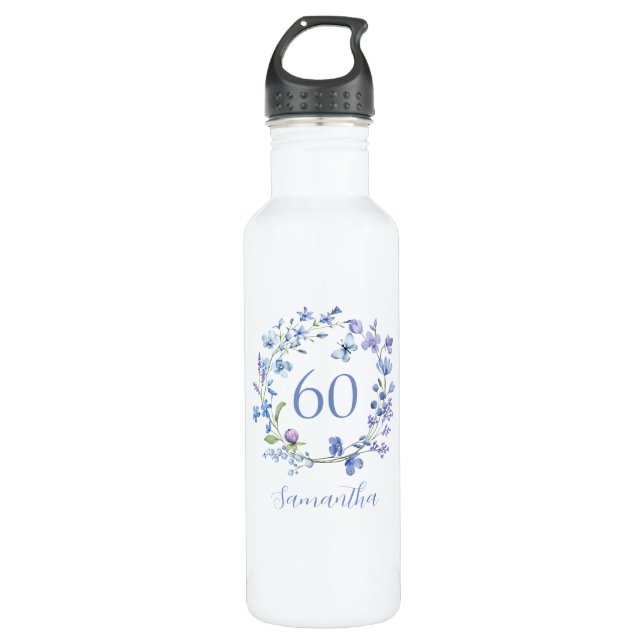 Botella De Agua 60.º nombre floral azul (Anverso)