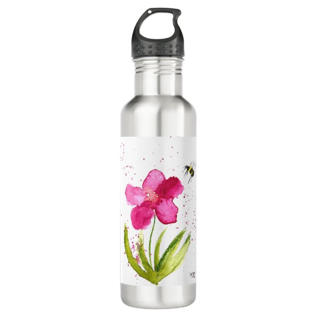 Botella De Agua Abejorro de flor rosa acuarela (Anverso)