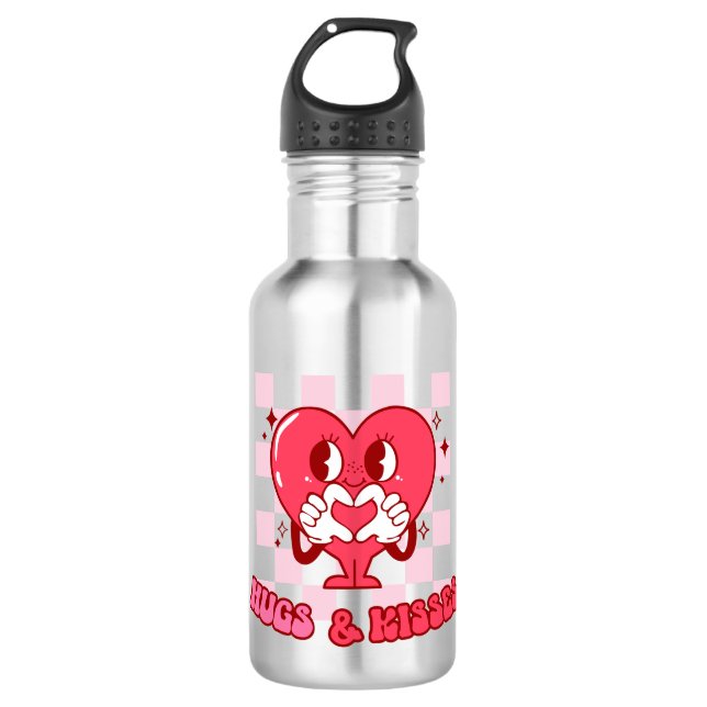 Botella De Agua Abrazos y besos de corazón rosado (Anverso)