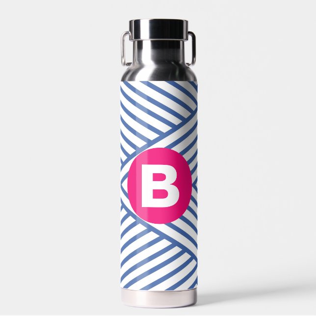 Botella De Agua Abstract Blue Stripey Pattern Pink Monogram (Delantero)