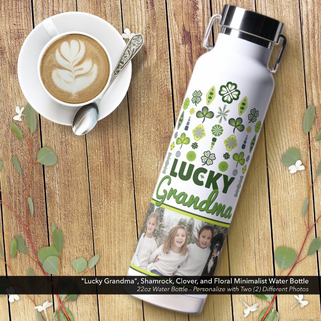 Botella De Agua "Abuela afortunada" Foto de Shamrock Clover Floral ("Lucky Grandma", Shamrock, Clover, and Floral Minimalist Water Bottle; Personalize with Two Photos.)