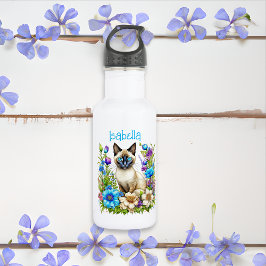 Botella De Agua Acuarela Ai personalizada gato siamés en flores