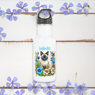 Botella De Agua Acuarela Ai personalizada gato siamés en flores