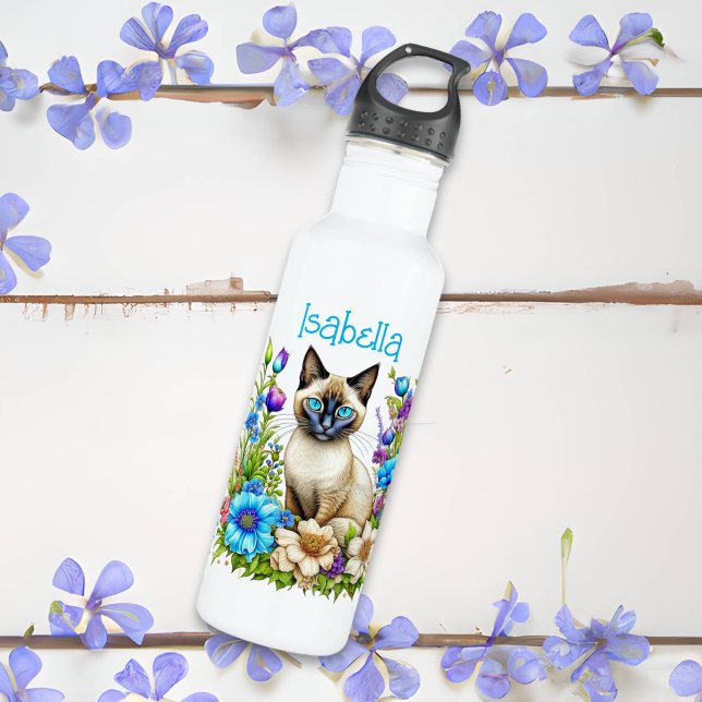Botella De Agua Acuarela Ai personalizada gato siamés en flores (Subido por el creador)