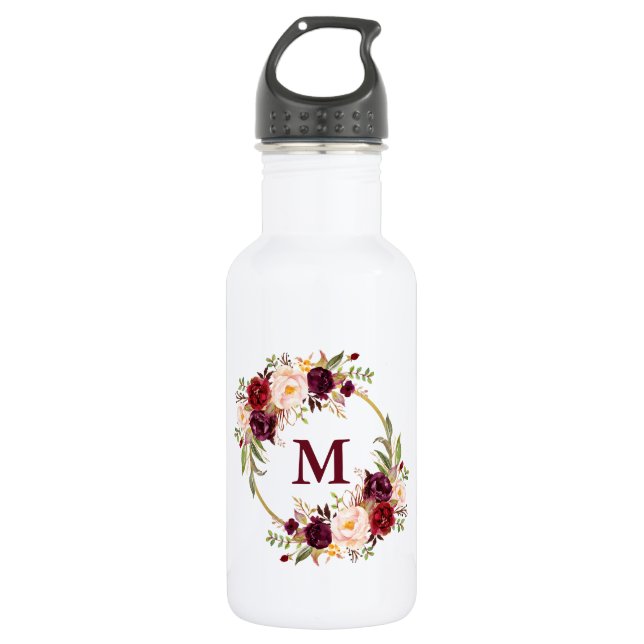 Botella De Agua Acuarela Burgundy Floral Gold Monograma (Anverso)