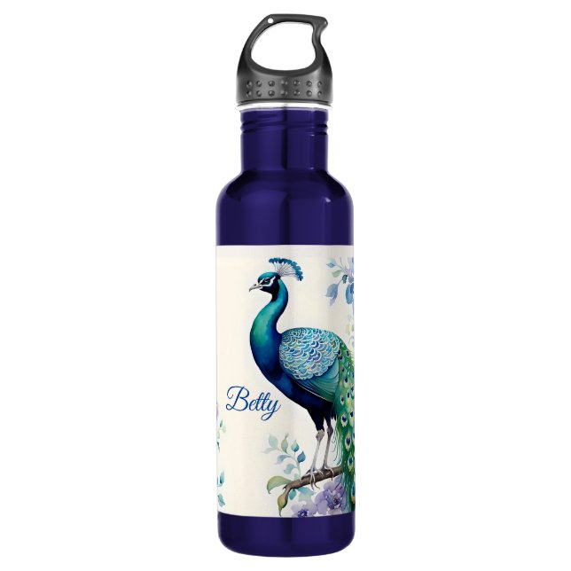 Botella De Agua Acuarela floral de pavo real (Anverso)