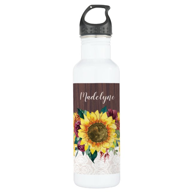 Botella De Agua Acuarela girasoles Lace Wood Nombre Rústico (Anverso)