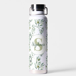 Botella De Agua Acuarela Monograma Nombre Patrón Ramas de Olivo