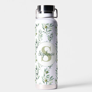 Botella De Agua Acuarela Monograma Nombre Patrón Ramas de Olivo