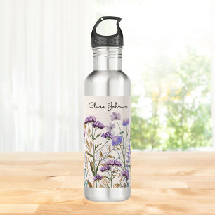 Botella De Agua Acuarela Monogramada Purple Wildflower Meadow
