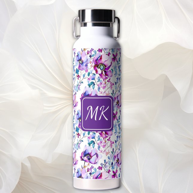 Botella De Agua Acuarela morada floral monogramada (Subido por el creador)