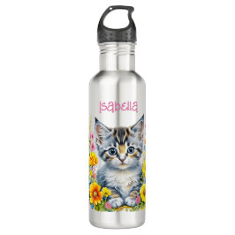 Botella De Agua Acuarela personalizada de Gris Gris y Flores