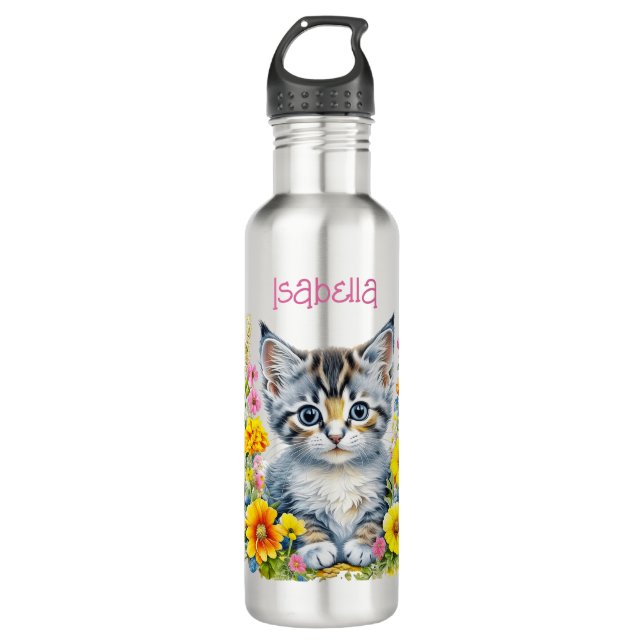 Botella De Agua Acuarela personalizada de Gris Gris y Flores (Anverso)