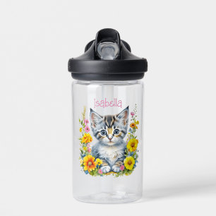 Botella De Agua Acuarela personalizada de Gris Gris y Flores